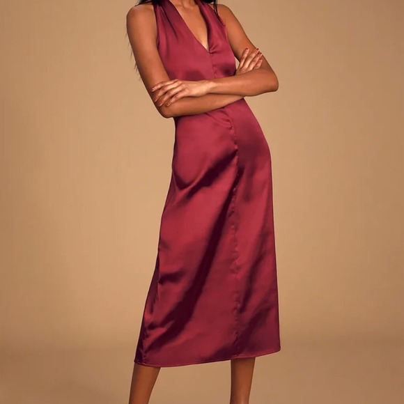 Bishop + Young Camila Burgundy Satin Twist Dress Medium - Picture 2 of 8